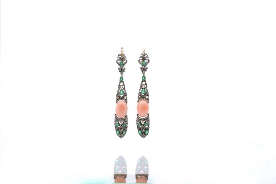 Bottazzi Blondeel Boucles D'Oreilles Corail Et Emeraudes En Or Et Argent Boucles D'Oreilles