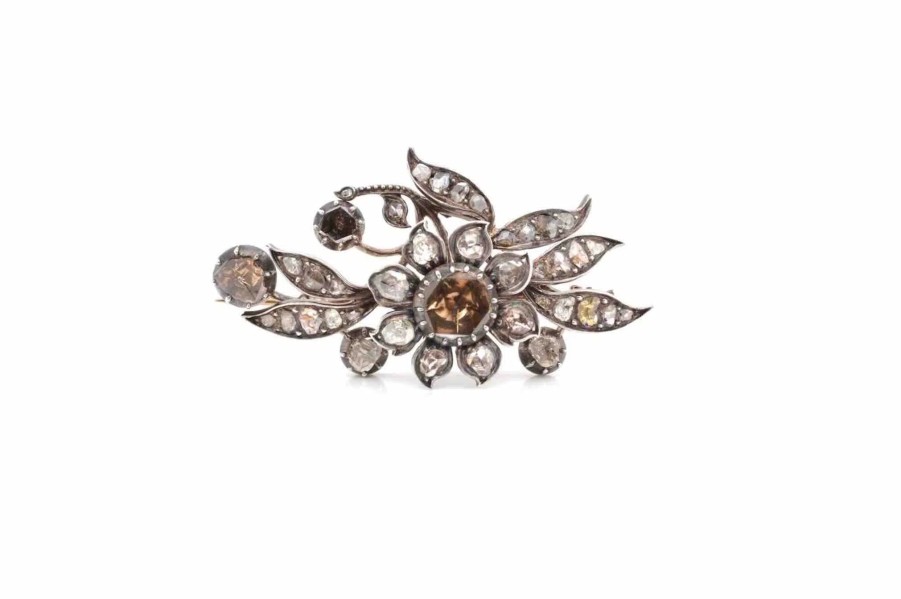 Bottazzi Blondeel Broche 19E Roses De Diamants En Argent Et Or Jaune 18K Broches