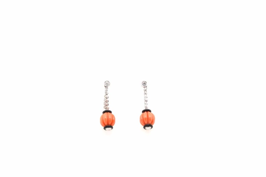 Bottazzi Blondeel Boucles D'Oreilles Corail Onyx Et Diamants Boucles D'Oreilles