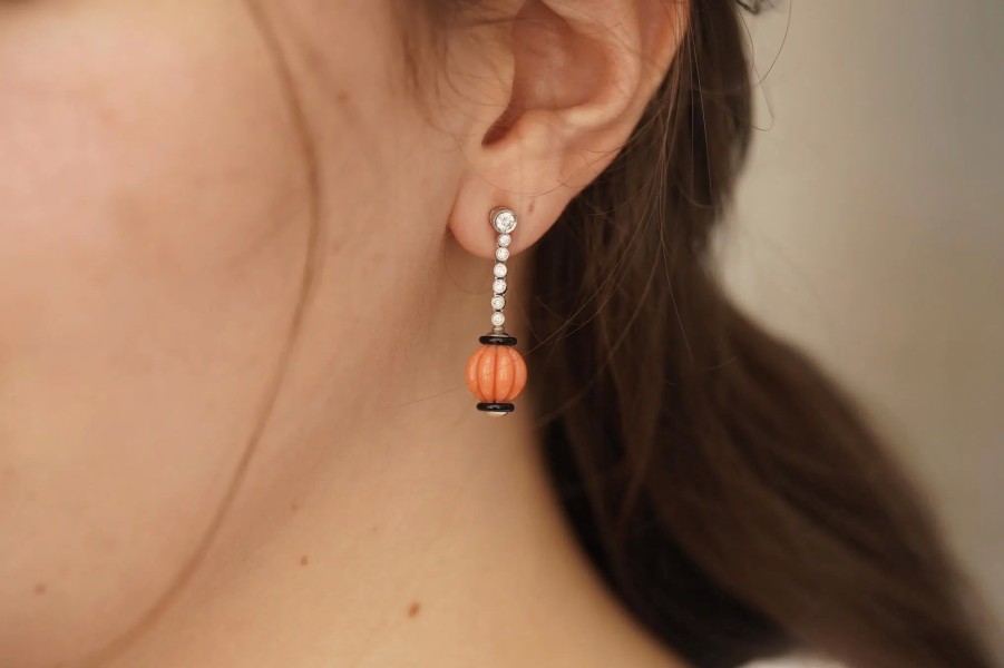 Bottazzi Blondeel Boucles D'Oreilles Corail Onyx Et Diamants Boucles D'Oreilles