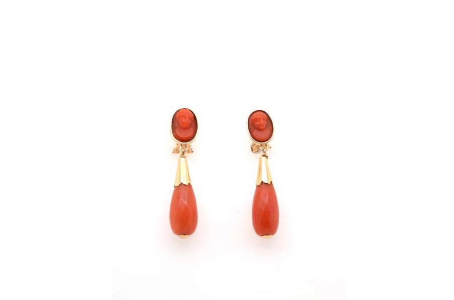 Bottazzi Blondeel Boucles D'Oreilles Corail Et Camees En Or 18K Boucles D'Oreilles