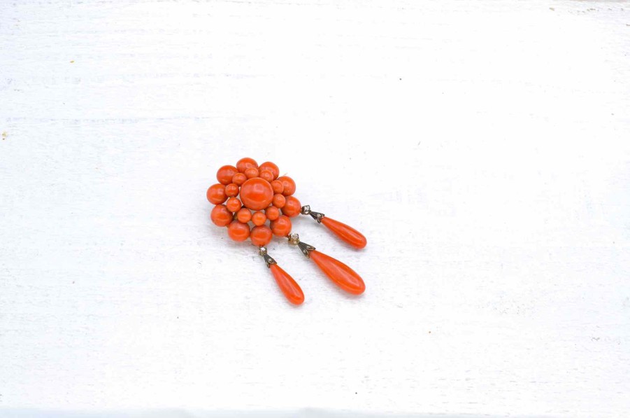 Bottazzi Blondeel Broche Fin 19E Corail Et Diamants En Or Jaune 18K Broches